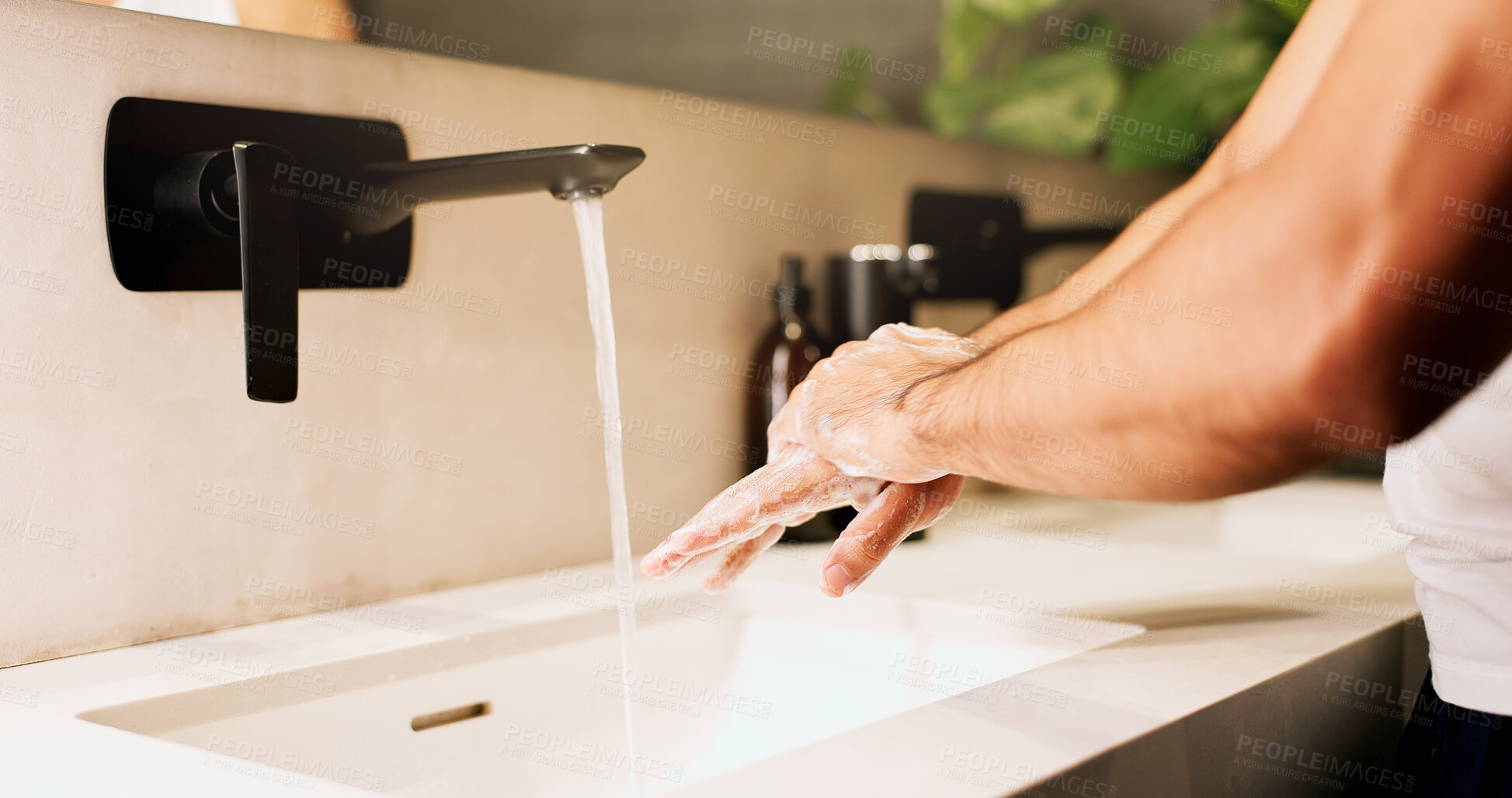 Buy stock photo Basin, foam and washing hands with person in bathroom for hygiene, skincare and wellness. Cleaning, disinfection and soap with man at house sink to remove bacteria, dirt and germs for maintenance