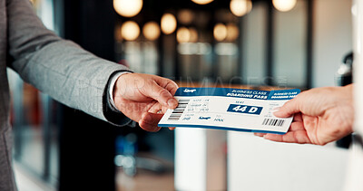 Buy stock photo Airport, ticket and hands of person with concierge to check departure gate, flight info and seat number. Professional, giving and people with boarding pass for travel schedule, terminal and work trip