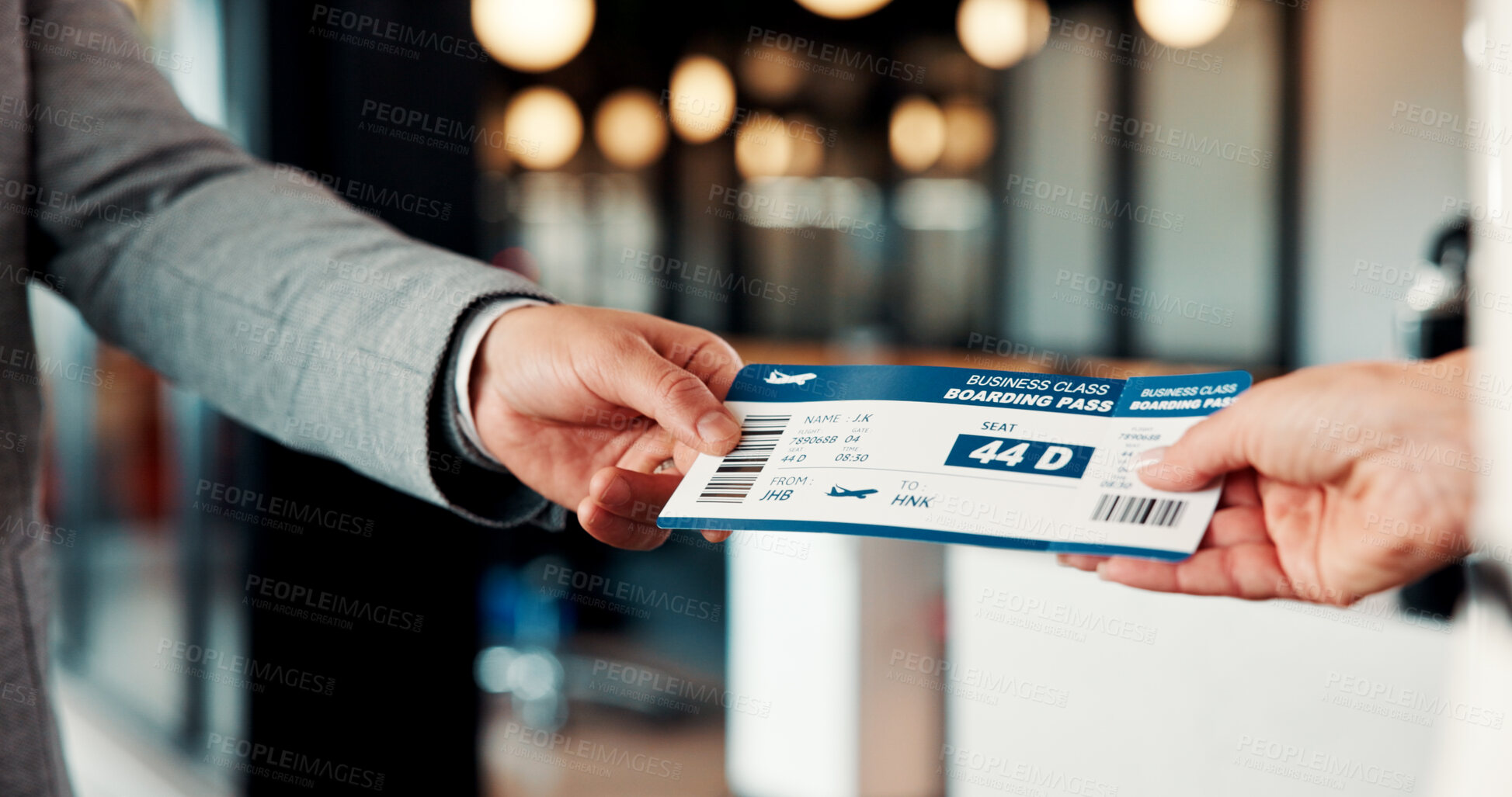 Buy stock photo Airport, ticket and hands of person with concierge to check departure gate, flight info and seat number. Professional, giving and people with boarding pass for travel schedule, terminal and work trip