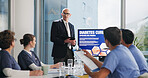 Hospital, meeting and man with presentation on screen, healthcare coaching or diabetes cure. Monitor, team and presenter in clinic with nurses, training or medical innovation in pharma workshop