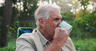 Buy stock photo Camping, coffee and thinking with man outdoor in nature for break, hobby or wilderness experience. Drink, relax and vision with mature person at campsite in forest for adventure, peace or wellness