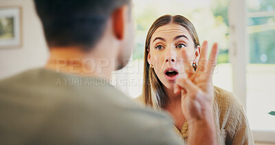 Buy stock photo Upset, argument and couple in home with conflict, breakup or cheating confession in relationship. Counting, shock and female person with husband for divorce, infidelity or affair in living room.
