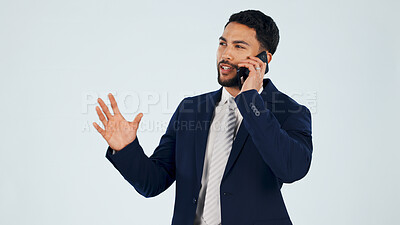 Buy stock photo Phone call, studio and businessman by space with communication for investment negotiation. Cellphone, contact and finance advisor on mobile discussion for feedback on project on white background.