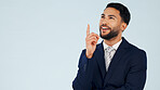 Ideas, studio and businessman by mockup space with planning, decision or choice in finance career. Reflection, ideas and male financial advisor with problem solving for project by white background