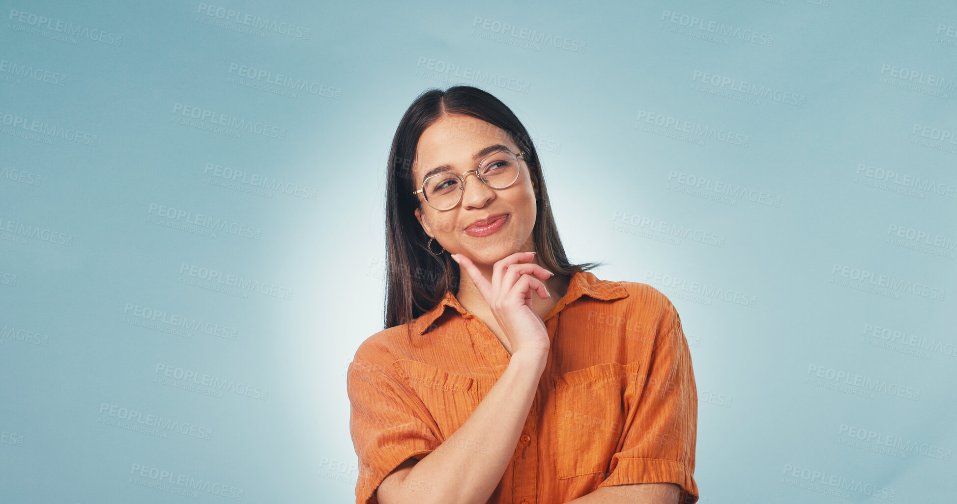 Buy stock photo Studio, daydream and woman with smile, thinking and planning for career path with ideas and decision. Blue background, mockup space and happy person with glasses, choice and future professional goals