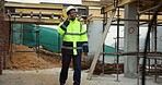 Black man, engineer and smile at site with phone call, planning and inspection for construction. Happy, person and mobile with contact, building feedback and compliance pitch for architecture safety