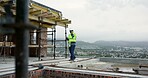Man, engineer and tablet at site with phone call, discussion and inspection for construction. Space, person and digital on rooftop with mobile, planning and compliance report for architecture safety