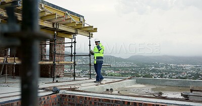 Buy stock photo Man, engineer and tablet at site with phone call, discussion and inspection for construction. Space, person and digital on rooftop with mobile, planning and compliance report for architecture safety