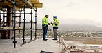 Men, engineer or team on construction site with tablet, maintenance meeting or discussion. Builders, tech or feedback at worksite for renovation planning, compliance update and scaffolding with space