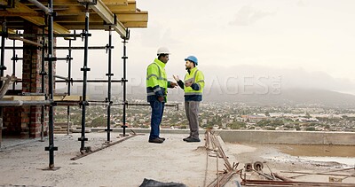 Buy stock photo Men, engineer or team on construction site with tablet, maintenance meeting or discussion. Builders, tech or feedback at worksite for renovation planning, compliance update and scaffolding with space