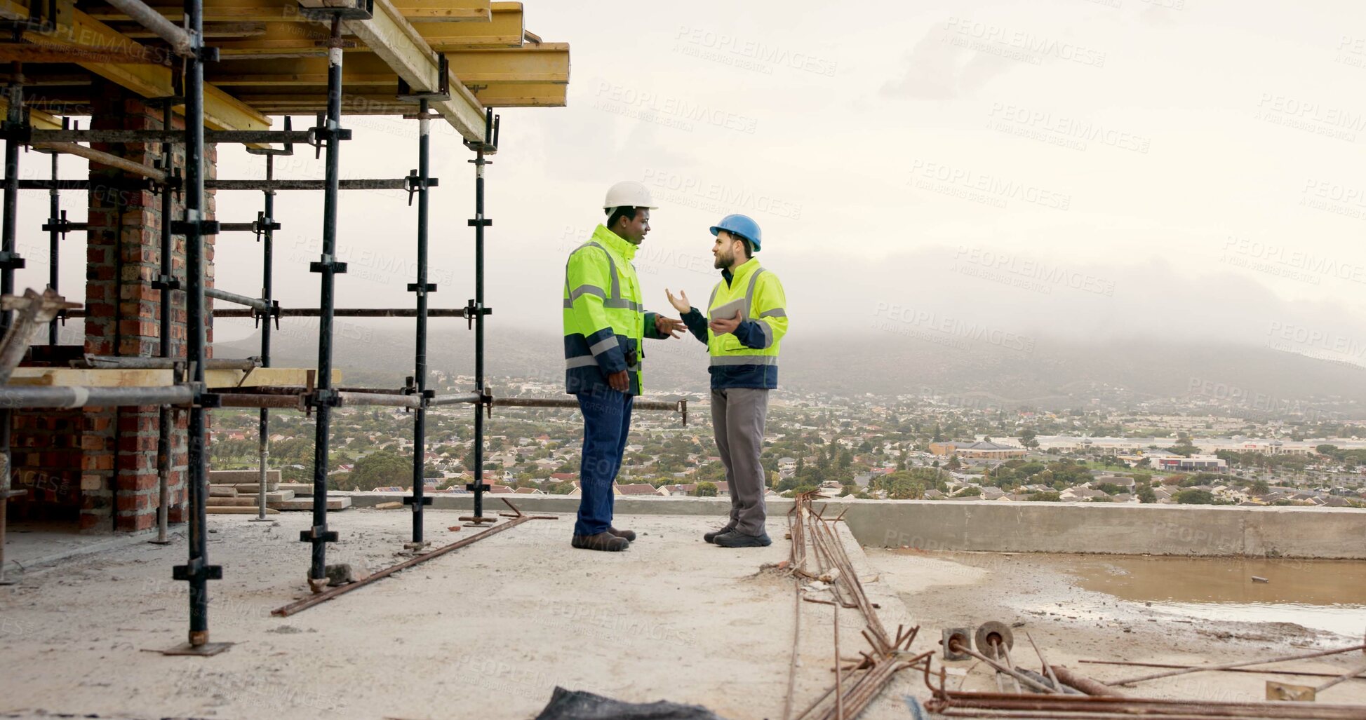 Buy stock photo Men, engineer or team on construction site with tablet, maintenance meeting or discussion. Builders, tech or feedback at worksite for renovation planning, compliance update and scaffolding with space