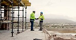 Men, handshake and tablet on construction site for agreement, development deal or welcome. Engineer, space and team shaking hands with tech for partnership and renovation collaboration at scaffolding