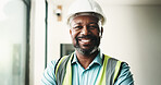 Happy, black man and portrait of construction worker on site with confidence for renovation. Smile, about us and mature civil engineer with pride for repairs, maintenance or building project.