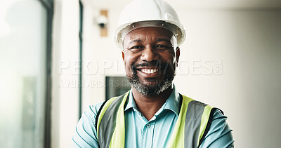 Buy stock photo Smile, black man and portrait of construction worker on site with confidence for renovation. Safety, about us and happy mature civil engineer with pride for repairs, maintenance or building project.