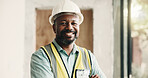Smile, black man and portrait of construction worker on site with confidence for renovation. Happy, about us and mature civil engineer with pride for repairs, maintenance or building project.