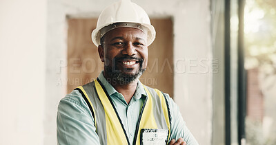 Buy stock photo Smile, black man and portrait of construction worker on site with confidence for renovation. Safety, about us and happy mature civil engineer with pride for repairs, maintenance or building project.