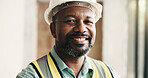 Professional, black man and portrait of construction worker on site with confidence for renovation. Happy, about us and mature civil engineer with pride for repairs, maintenance or building project.