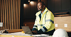 Architect, man and thinking of home renovation with laptop, research and consider property upgrade. Mature, black person and computer in house for architecture, problem solving or remodeling project.