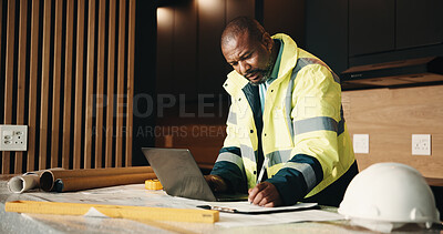 Buy stock photo Architect, man and writing in house with laptop, renovation cost and invoice for property upgrade. Mature, black person and computer in apartment for architecture, notes and remodeling project quote.