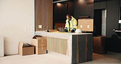 Buy stock photo Architect, man and writing in new house with laptop, renovation cost and invoice for property upgrade. Mature, black person and computer in home with architecture, project quote and notes with space.