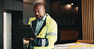 Buy stock photo Architect, man and research in home with laptop, check renovation plan or report for property upgrade. Mature, black person and computer in house for architecture, review layout or remodeling project