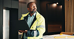 Architect, thinking and black man in home with laptop, renovation idea or consider property upgrade. Mature person, plan and computer in house for architecture, work or vision for remodeling project.