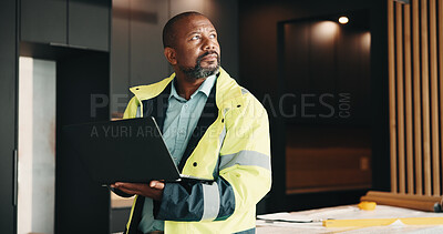Buy stock photo Architect, thinking and black man in home with laptop, renovation idea or consider property upgrade. Mature person, plan and computer in house for architecture, work or vision for remodeling project.