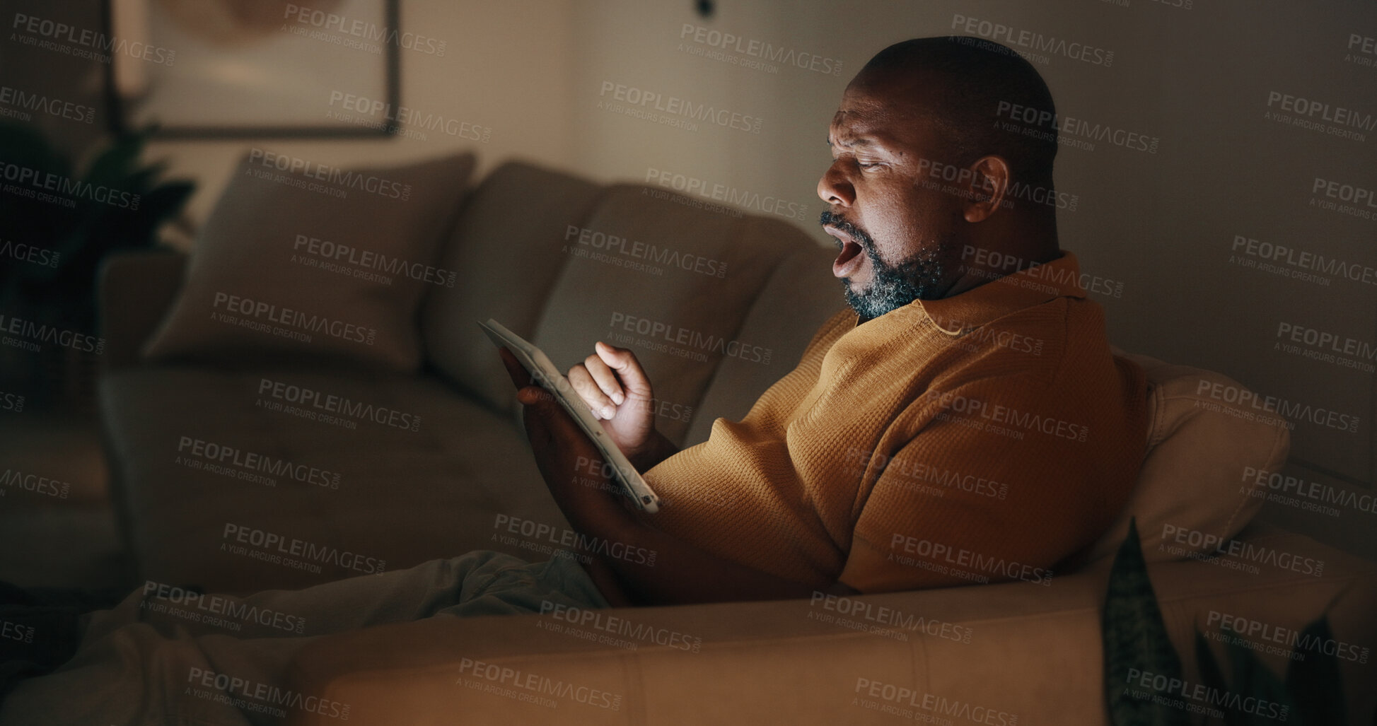 Buy stock photo Tablet, shock and black man in home at night for reading blog on budget, savings and investment tips. Technology, research and mature person with surprise on app for financial planning or advice.
