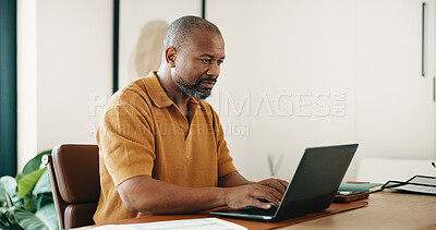 Buy stock photo Remote work, research or black man in home office with laptop, feedback or budget review for funding. WFH, digital or mature finance advisor with tech, forecasting or proposal update for investment.