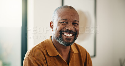 Buy stock photo Chill, smile and black man in house with portrait, positive attitude and satisfaction on weekend break. Wellbeing, day off and mature person with happy moment, confidence and good mood in Los Angeles