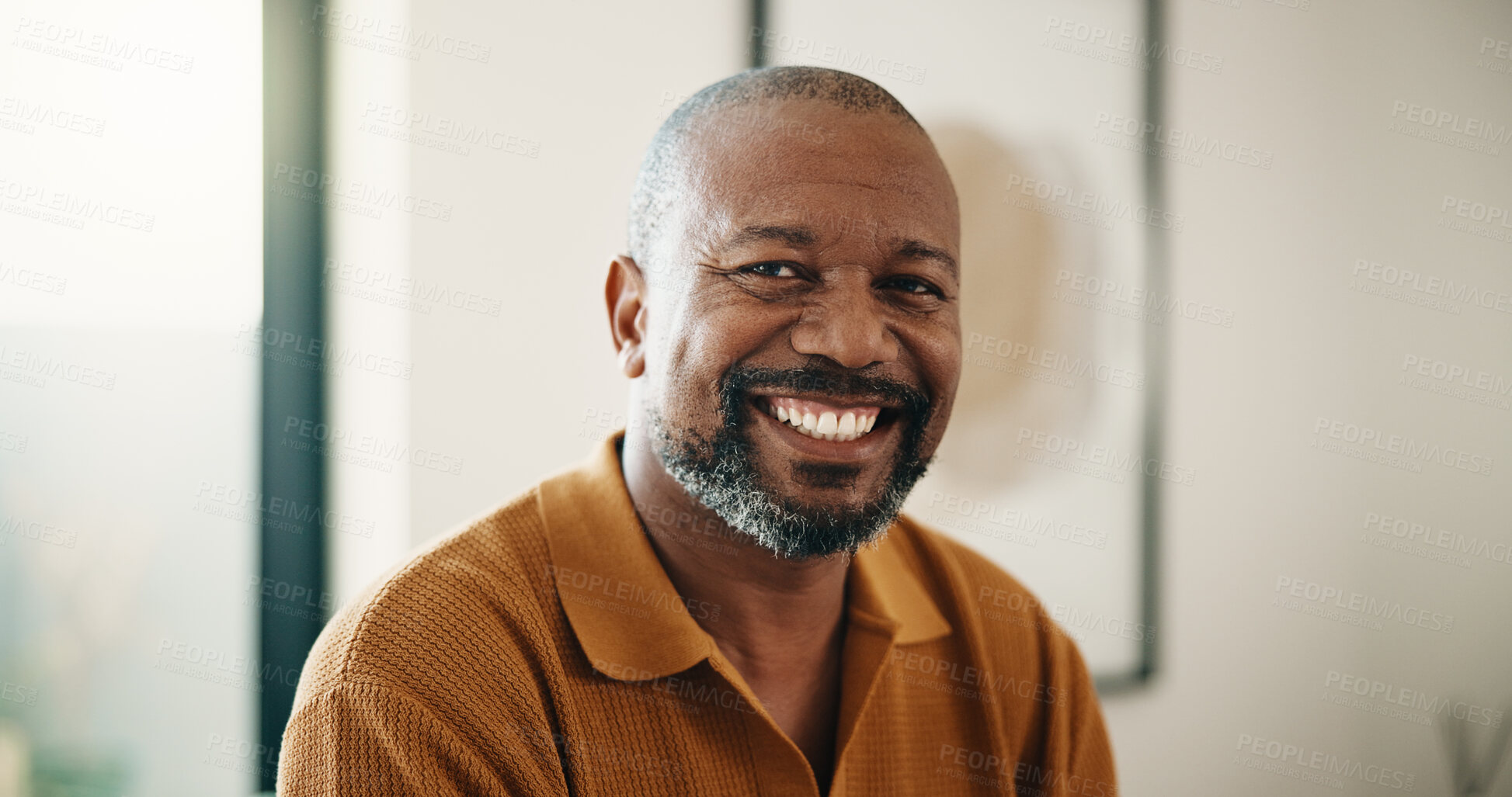 Buy stock photo Chill, smile and black man in house with portrait, positive attitude and satisfaction on weekend break. Wellbeing, day off and mature person with happy moment, confidence and good mood in Los Angeles
