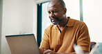 Remote work, feedback or black man in home office with laptop, research or budget insight for funding. WFH, digital or mature finance advisor with tech, forecasting or proposal update for investment.