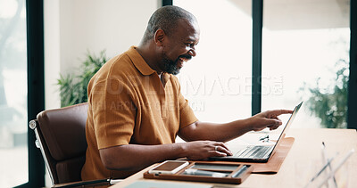 Buy stock photo Laugh, laptop and black man in home with remote work for sustainability law case with email. Pointing, computer and mature environmental attorney with pro bono project for freelance career in house.