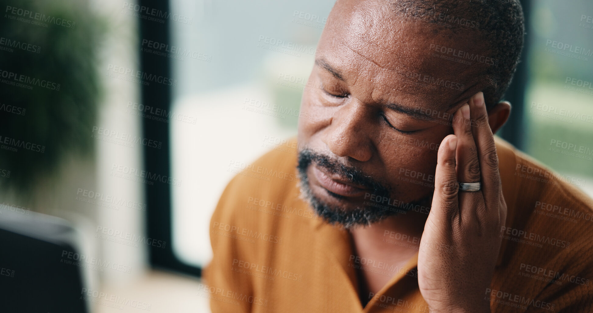 Buy stock photo Headache, laptop and remote work with black man in home office for burnout, deadline or tension. Anxiety, frustration and stress with mature person in apartment for mistake as freelance employee
