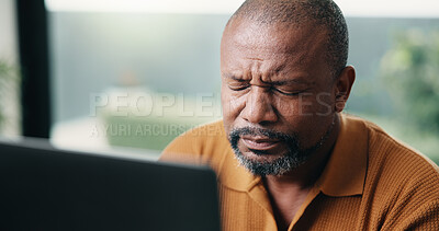 Buy stock photo Laptop, remote work and stress with black man in home office for burnout, deadline or tension. Anxiety, frustration and headache with mature person at tech in house for mistake as freelance employee