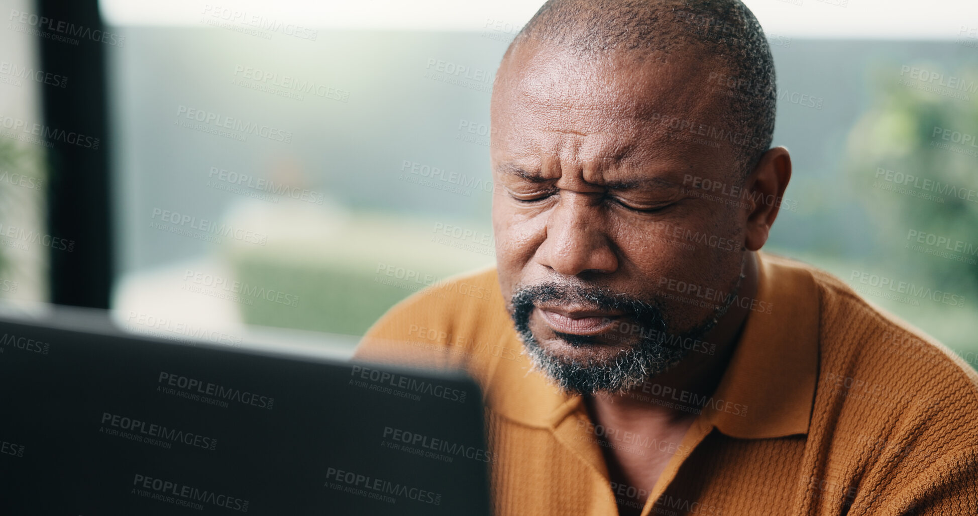 Buy stock photo Laptop, remote work and stress with black man in home office for burnout, deadline or tension. Anxiety, frustration and headache with mature person at tech in house for mistake as freelance employee