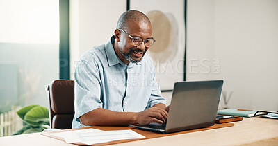 Buy stock photo Remote work, feedback or black man in home office with laptop, research or budget insight for funding. WFH, happy or mature finance advisor with tech, forecasting or proposal update for investment.