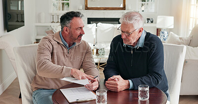 Buy stock photo Man, advisor and talking at house with document, finance report or form for loan application. Mature people, consultant and reading in lounge with paperwork, financial clipboard and retirement policy