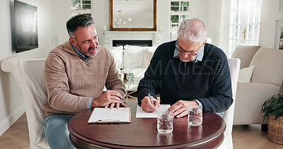 Buy stock photo Man, writing and document at house with advisor, finance report and form for loan application. Mature people, consultant and agreement in home with contract, financial clipboard and retirement policy