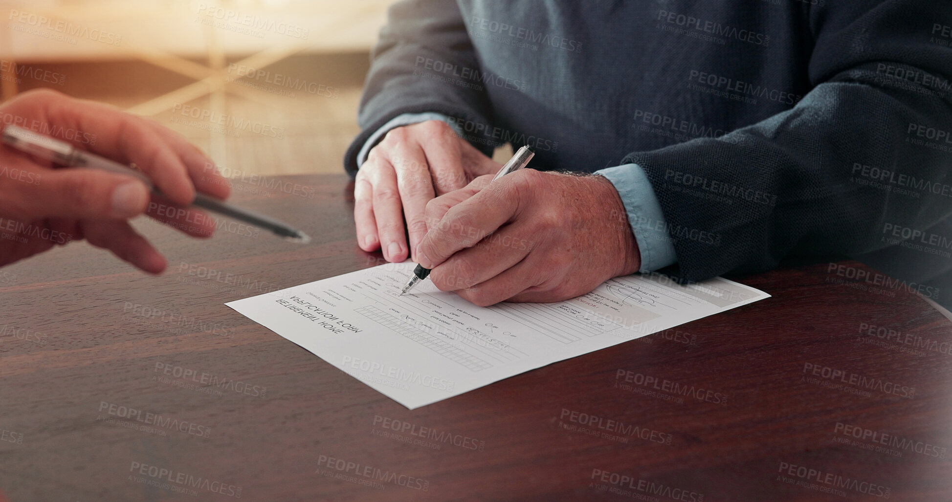 Buy stock photo Hands, old person and writing on document with advisor, guidance or form for retirement home. Senior man, consultant and signature in office with paperwork, application and agreement for elderly care