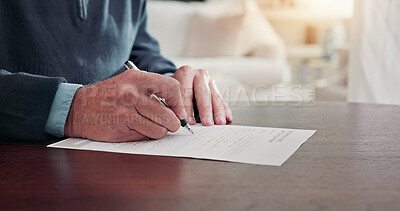 Buy stock photo Senior, hands or sign documents at table for admission policy, consent or form for retirement home. Pensioner, man and signature in house for assisted care agreement, tenancy application and details