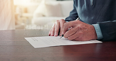 Buy stock photo Senior, hands or sign documents at table for admission policy, consent or form for retirement home. Pensioner, man and signature in house for assisted care agreement, tenancy registration or details