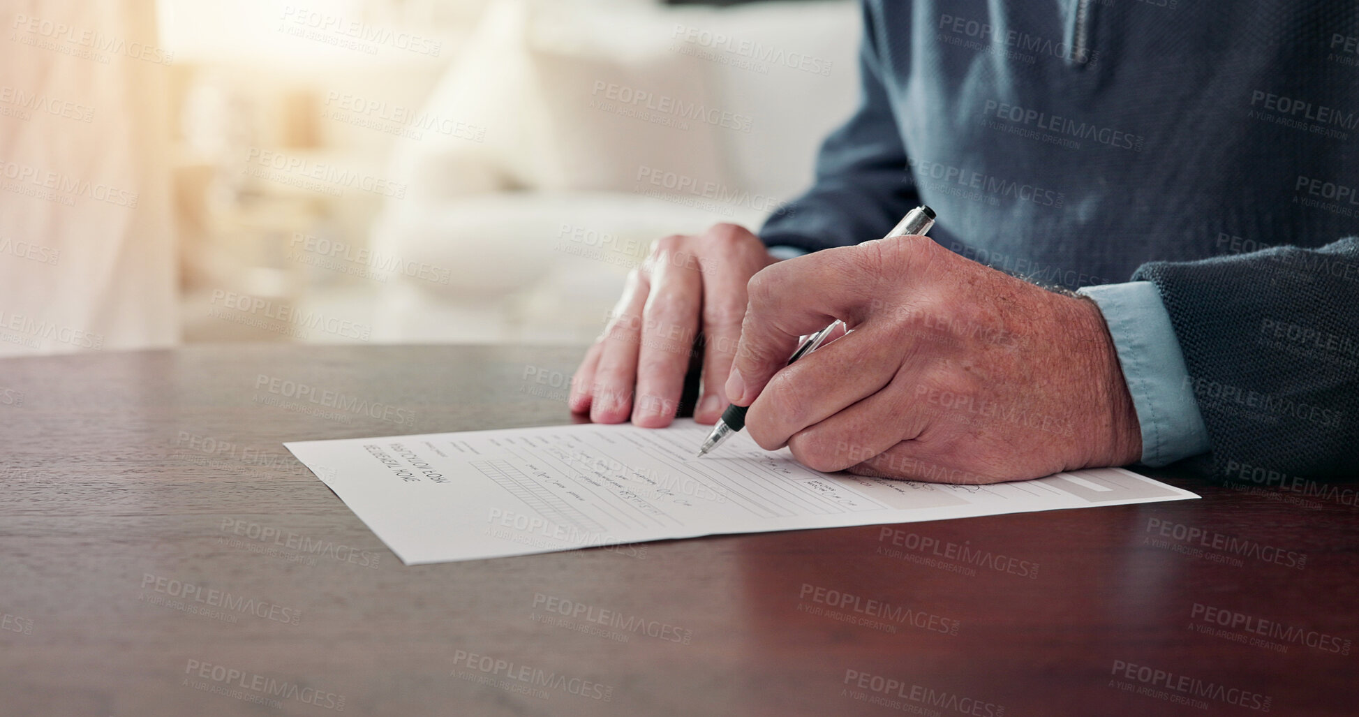 Buy stock photo Senior, hands or sign documents at table for admission policy, consent or form for retirement home. Pensioner, man and signature in house for assisted care agreement, tenancy registration or details
