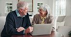 Laugh, senior and couple on laptop in home for online banking, pension fund and digital finance. Retirement, marriage and man with woman on computer for planning, savings and financial security