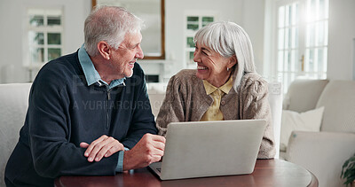 Buy stock photo Laugh, senior and couple on laptop in home for online banking, pension fund and digital finance. Retirement, marriage and man with woman on computer for planning, savings and financial security
