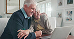 Hug, senior and couple on laptop in home for online banking, pension fund and digital finance. Retirement, marriage and happy man with woman on computer for planning, savings and financial security