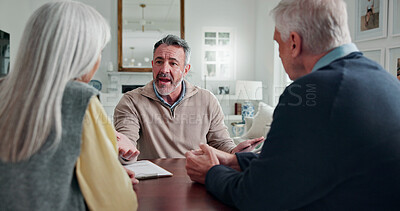 Buy stock photo Meeting, old couple and agent on tablet in house for medicare options, long term care or help. Tech, senior people and insurance broker with clipboard for plan cost review, explain policy and advice