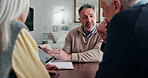 Meeting, old couple and agent on tablet in home for medicare options, long term care or help. Talk, senior people and insurance broker with tech screen for plan cost review, explain policy and advice