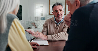 Buy stock photo Meeting, old couple and agent on tablet in home for medicare options, long term care or help. Talk, senior people and insurance broker with tech screen for plan cost review, explain policy and advice