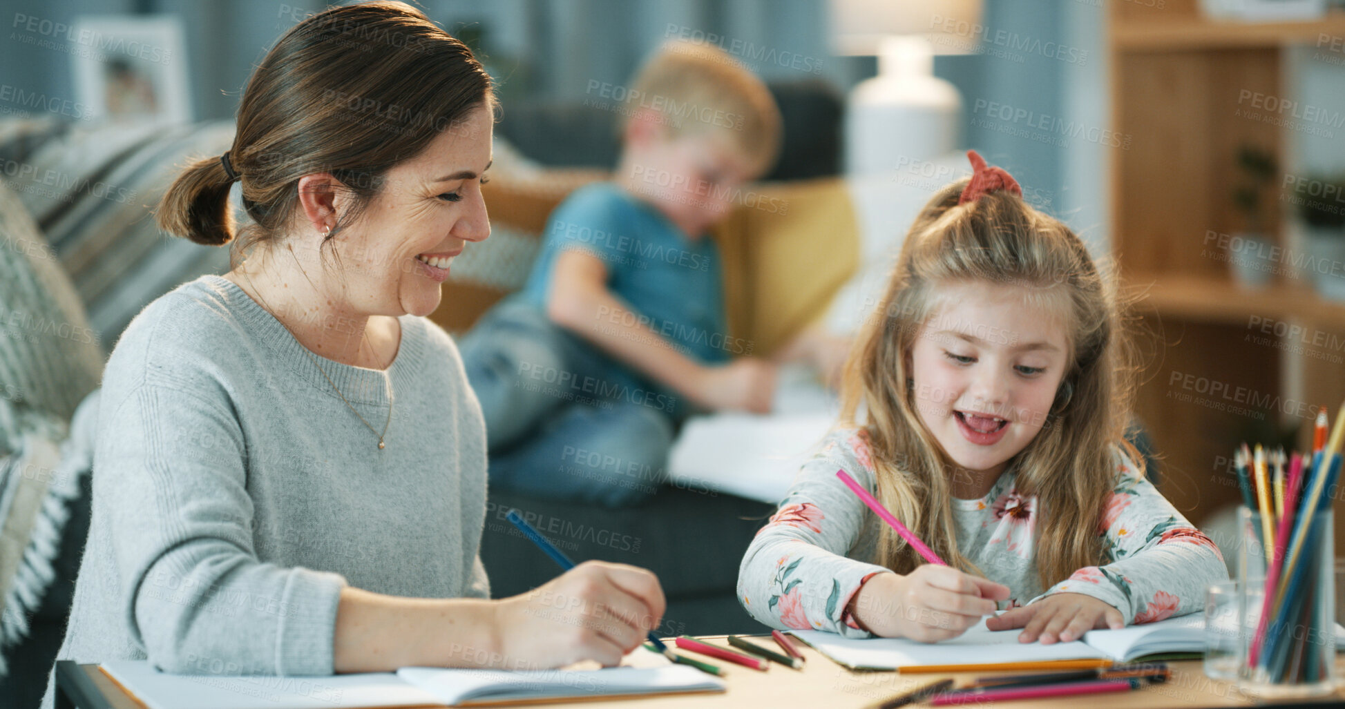 Buy stock photo Happy, writing and mom with children in home with homework, development and learning together. Support, family and mother with girl for education, help and knowledge for creative activity in house
